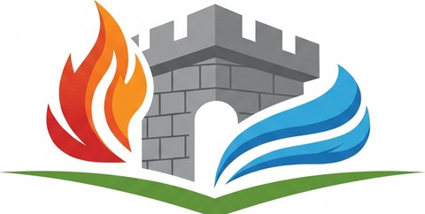 Fortis Restore emblem — flame, castle keep and water over a green base